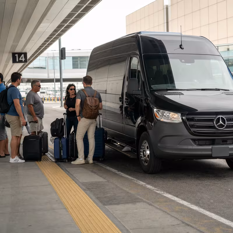 Group boarding a white charter bus for Airport Transportation transportation in Las Vegas