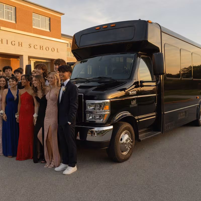 Group boarding a white charter bus for Prom & Homecoming Transportation transportation in Las Vegas