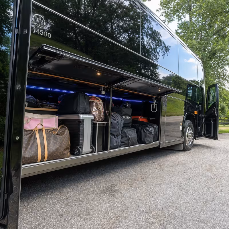 Party bus interior with wraparound leather seating and LED lighting in Las Vegas
