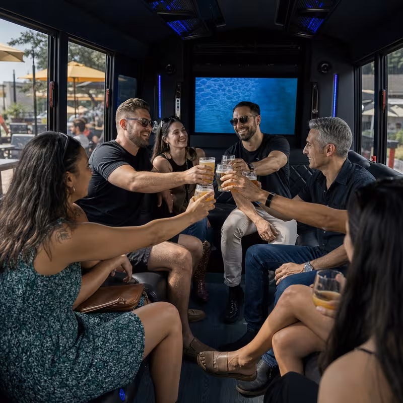 Group boarding a white charter bus for Winery & Brewery Tour Transportation transportation in Las Vegas